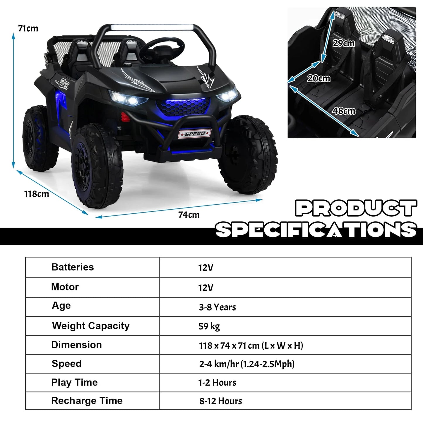 DORTALA Kids Electric Ride On Car 2-Seater 12V Battery Powered UTV-Black
