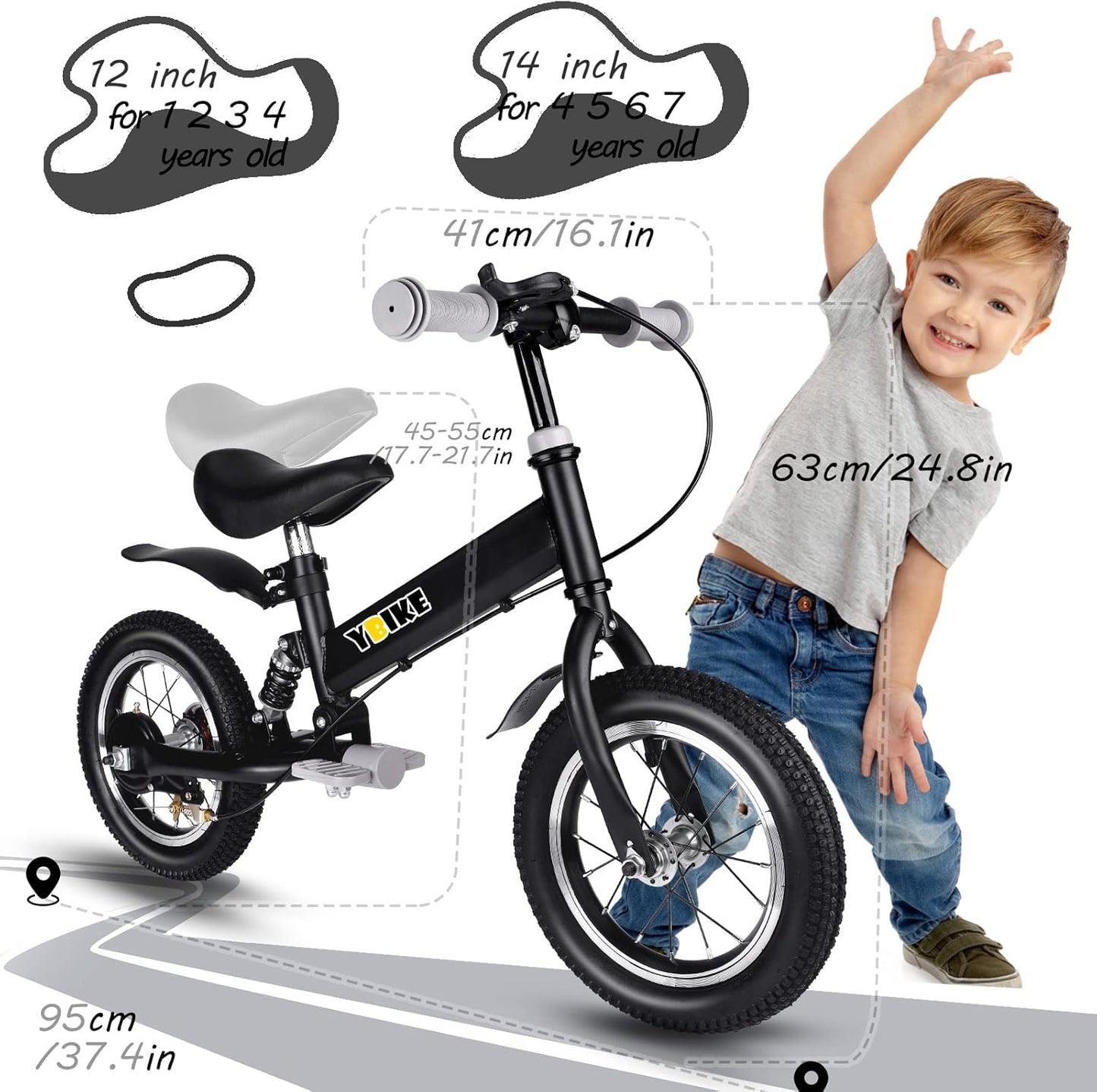 2 in 1 Balance Bike, 12 14 Inch Kids Bike, Suitable for 2-7 Years Old, Kids' Balance Bike with Pedal, Shock Absorber, Fenders, Brakes, 4 Colors Training Bike