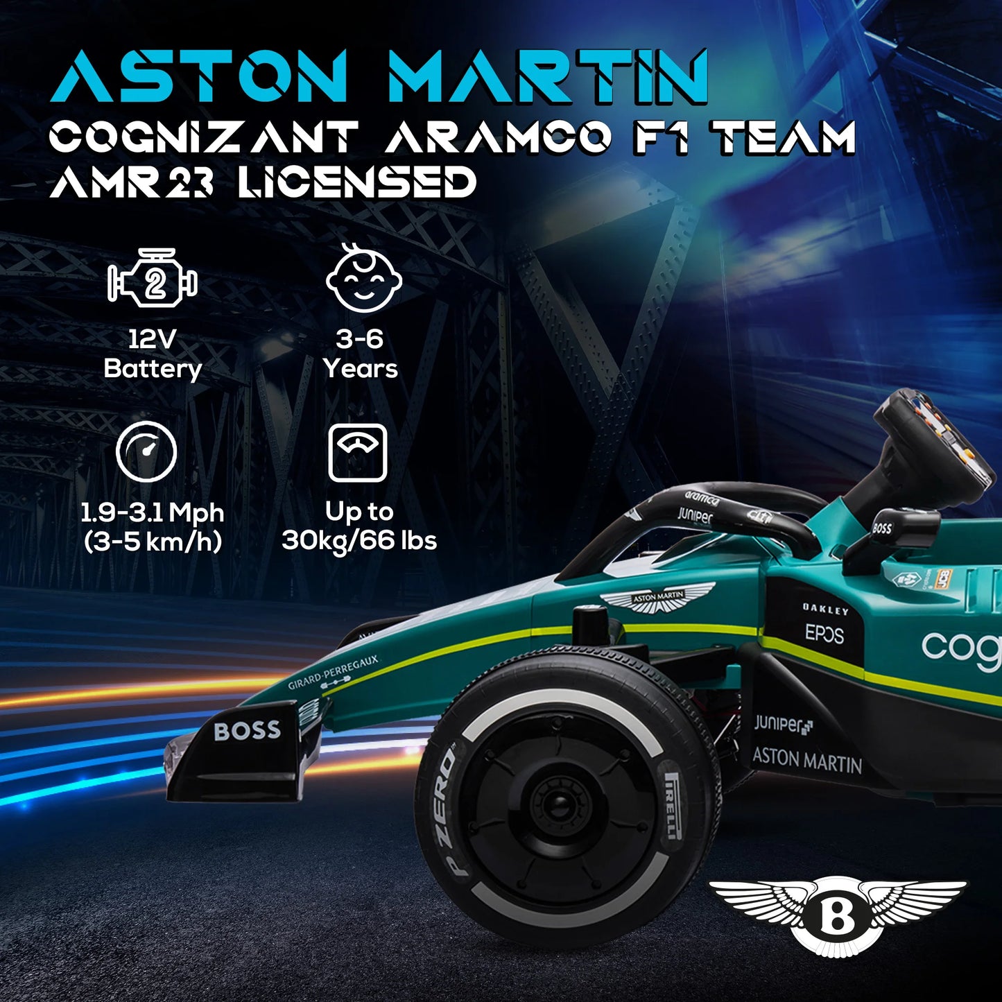 AIYAPLAY 12V Aston Martin Licensed Electric Go Kart w/ 4 Suspension Wheels