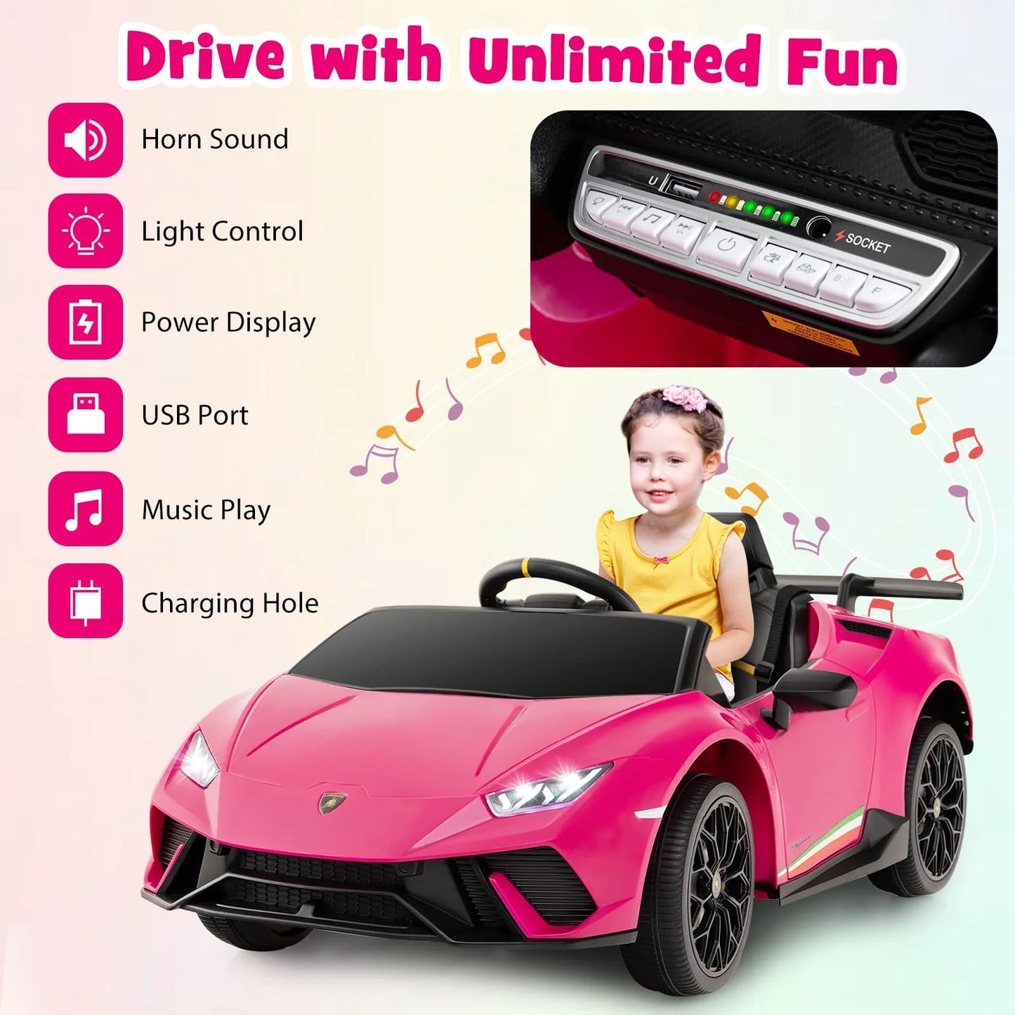 DORTALA Lamborghini Kids Ride on Car 12V Battery Powered Electric Vehicle-Pink